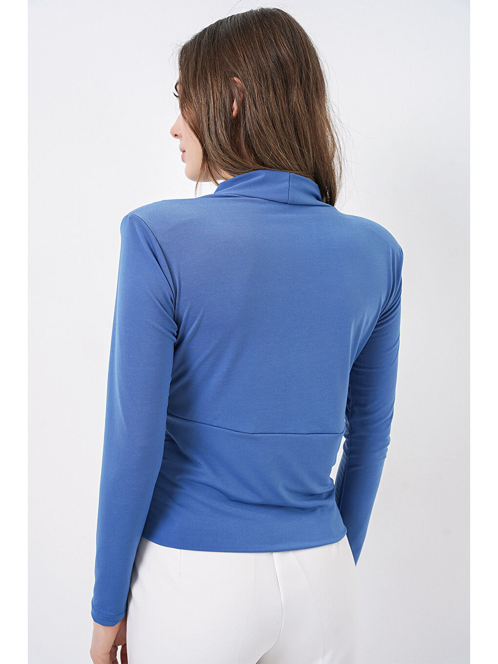 Kadın Omuz Vatkalı Kruvaze Yaka Bluz 942 - İndigo-4