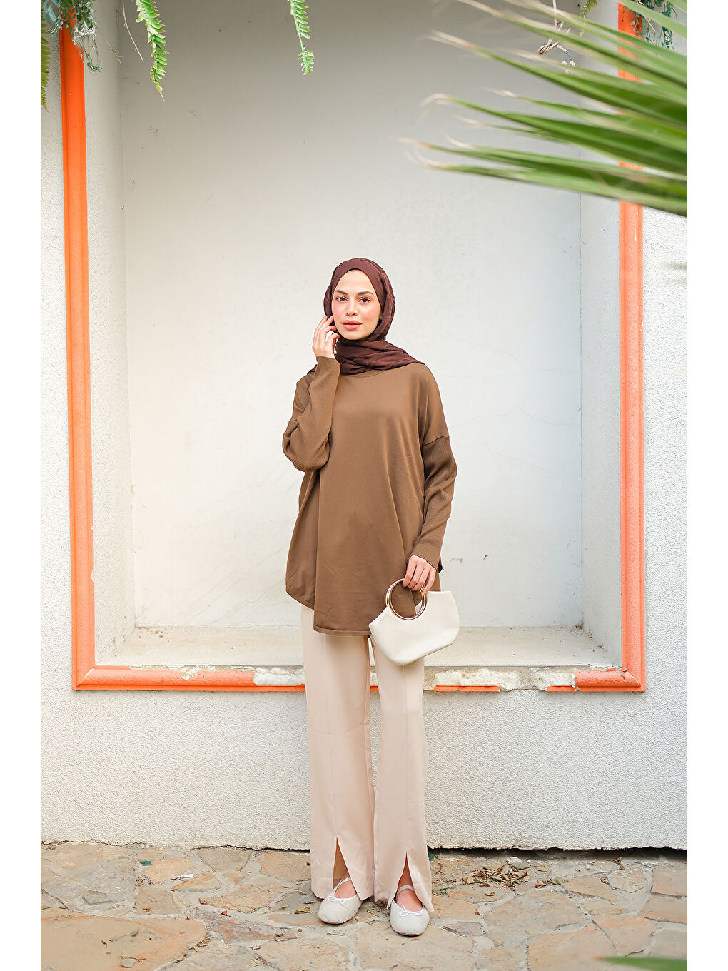 Kadın Kol Lastik Detay Tunik Kahverengi-3