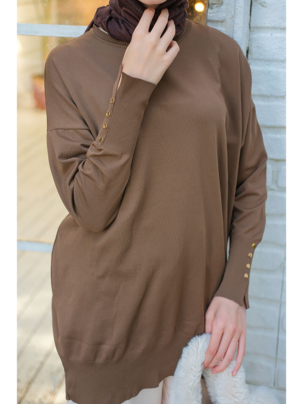 Bej Kadın Bilek Gold Aksesuar Detay Tunik Vizon-4