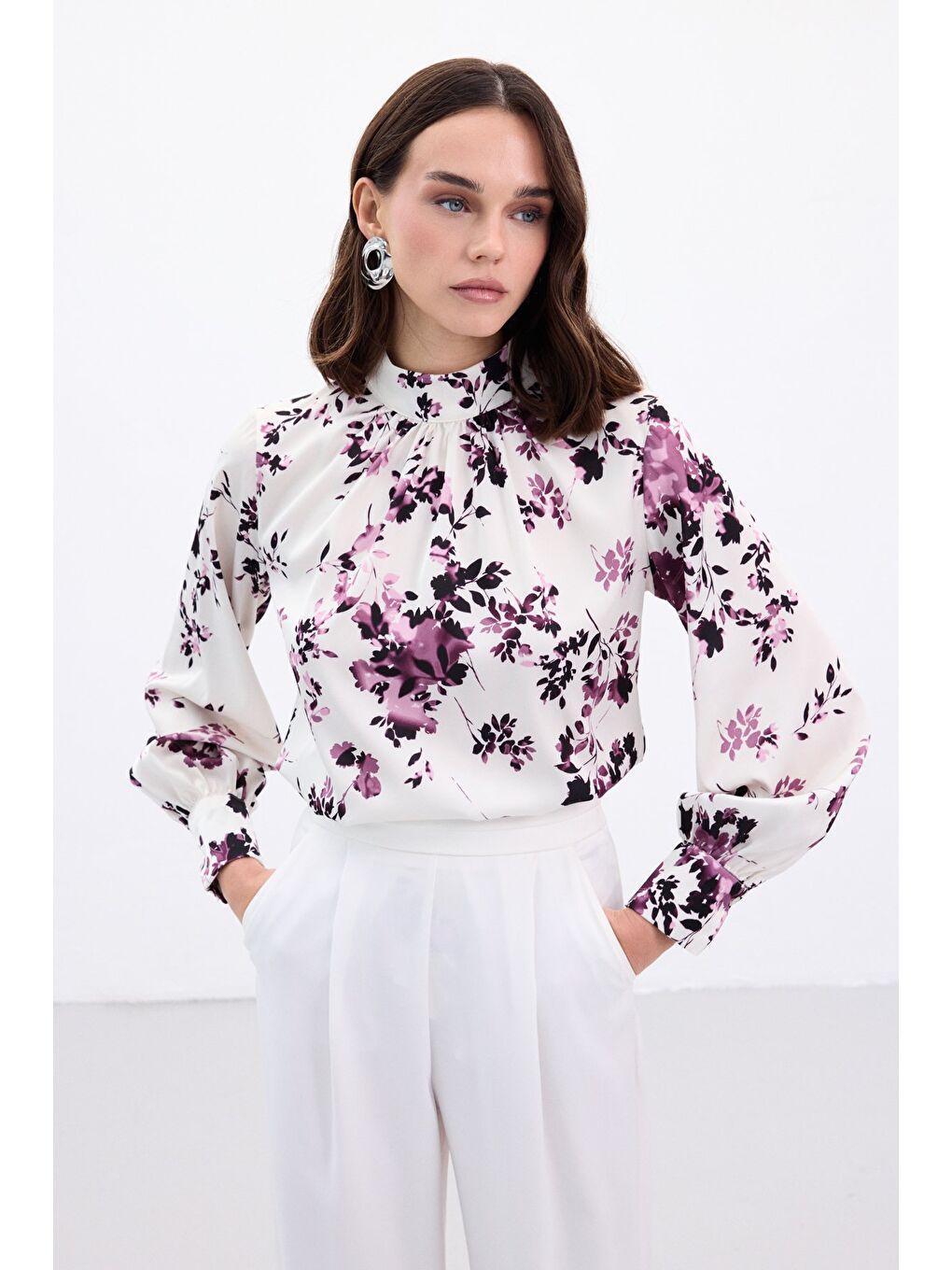 Dik Yaka Bluz - Mürdüm-1