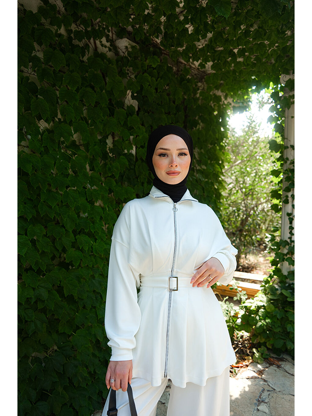 Kadın Beli Pile Detaylı Takım Beyaz-1