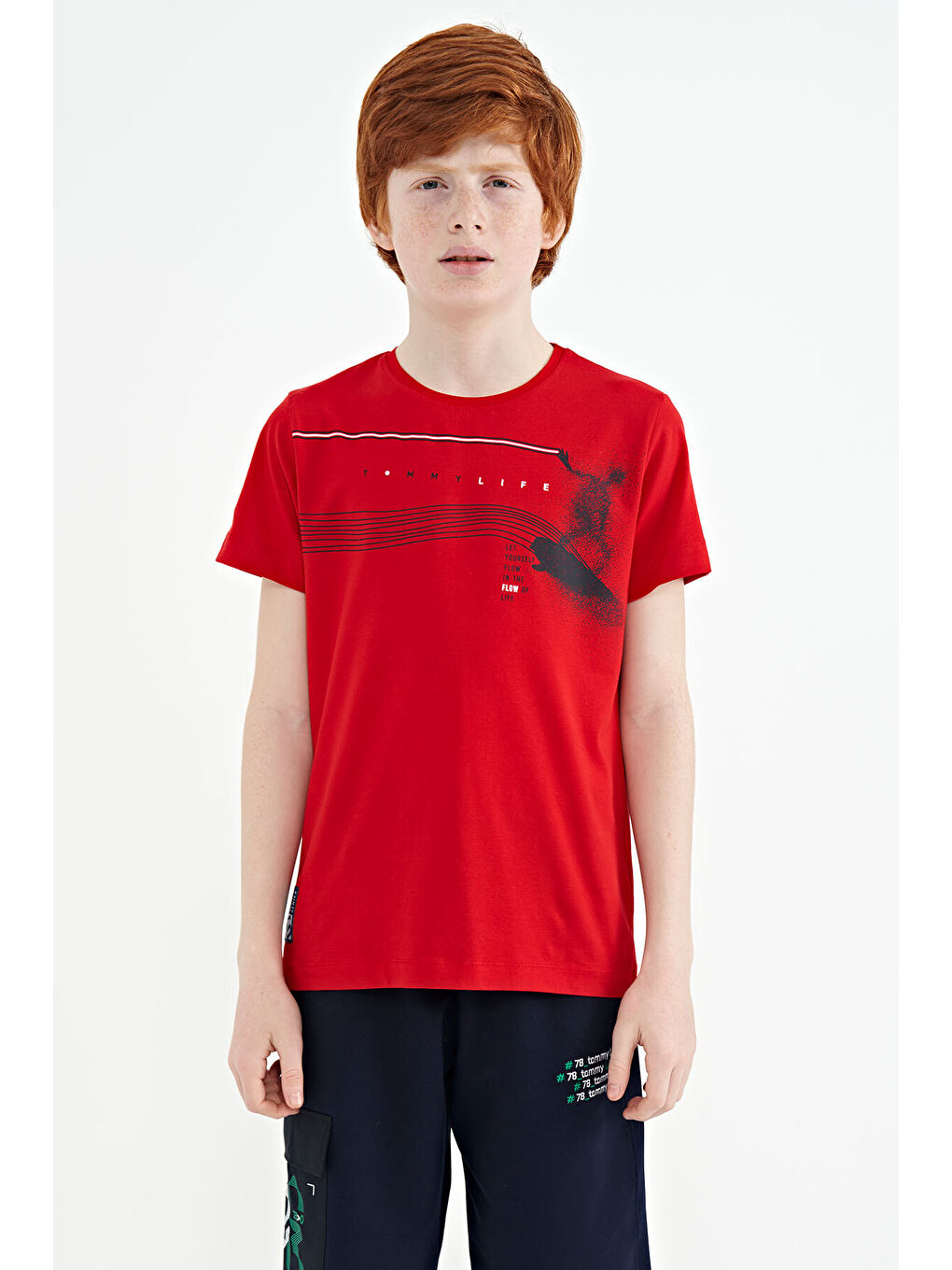 Kırmızı Baskı Detaylı Standart Kalıp O Yaka Erkek Çocuk Tişört - 11133