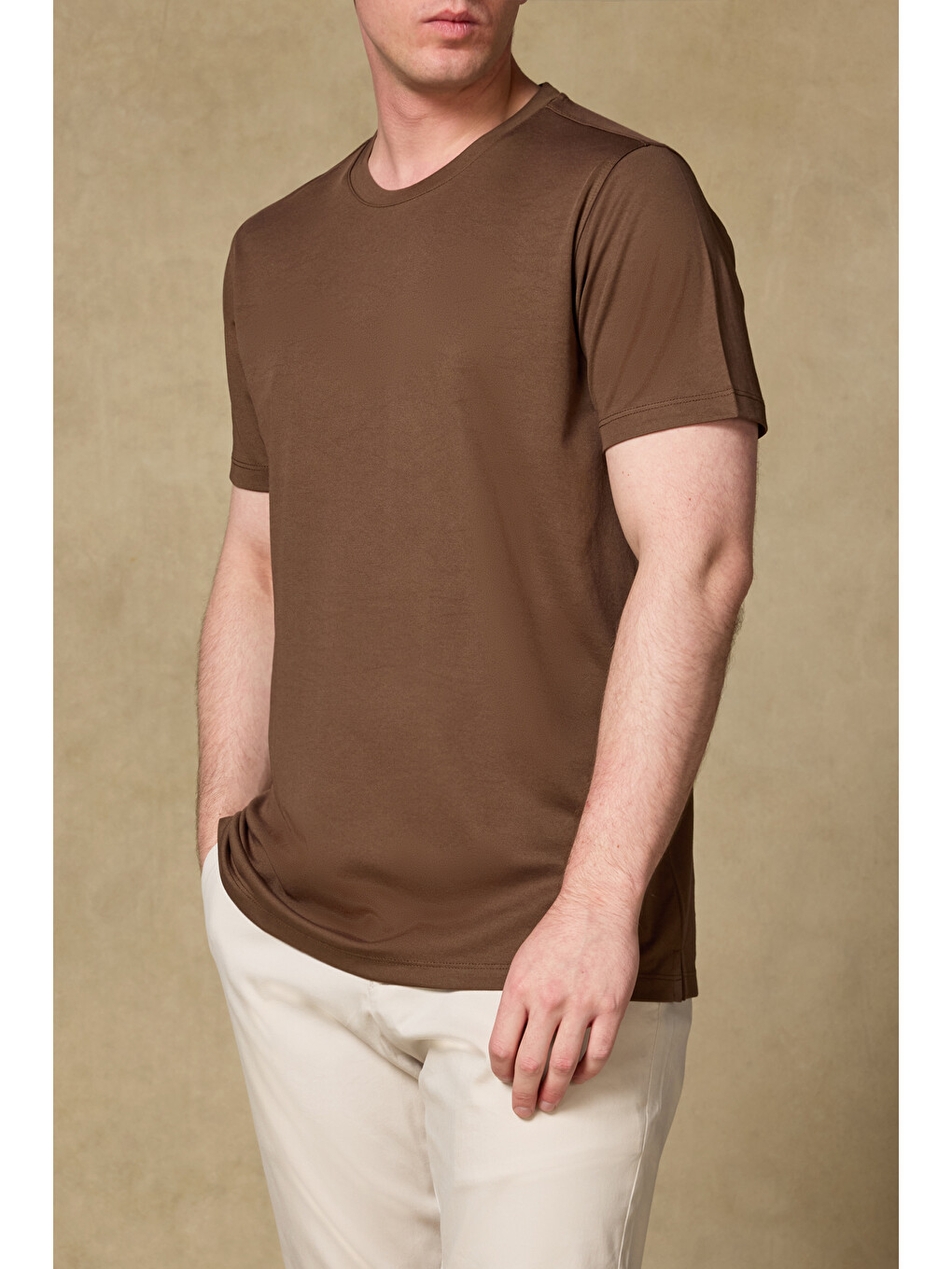 Palm Merserize Pamuklu Modern Fit Kahverengi Bisiklet Yaka Erkek Düz Shirt