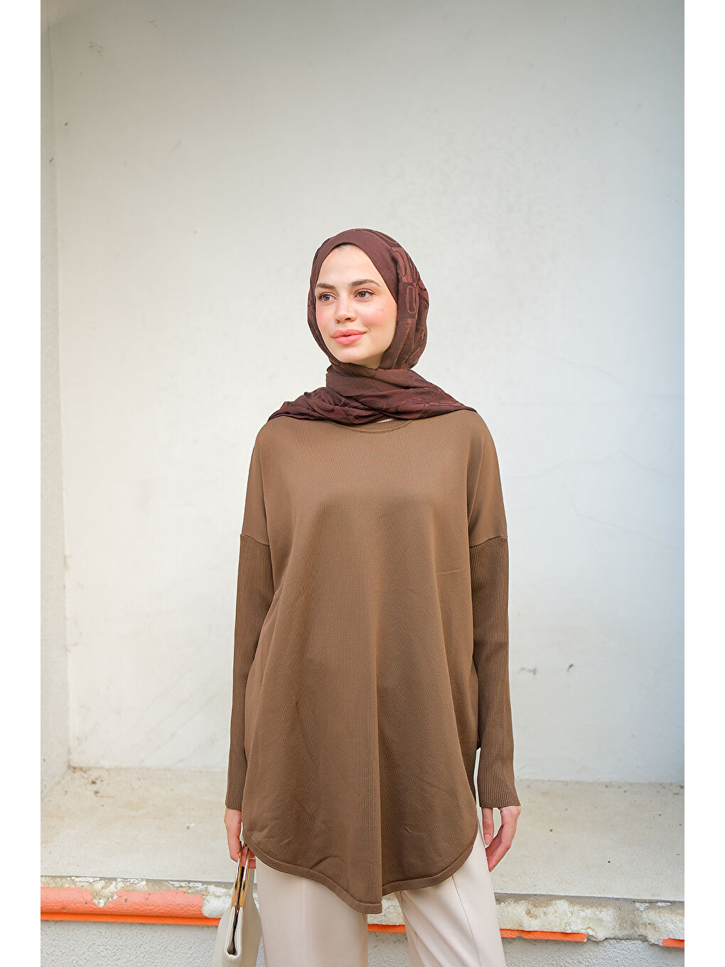 Kadın Kol Lastik Detay Tunik Kahverengi-4