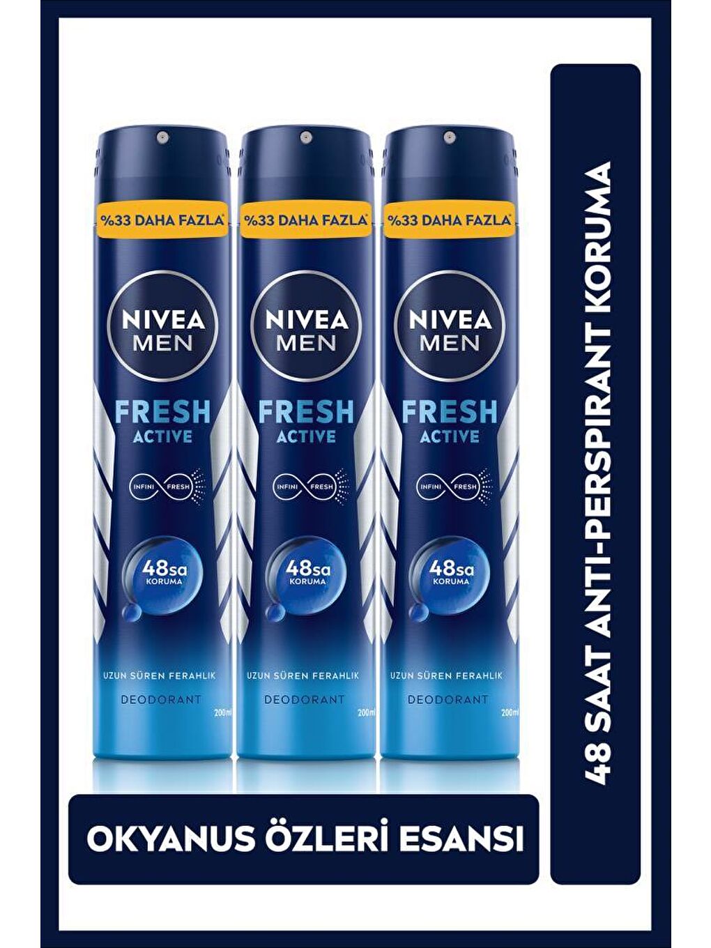 NIVEA Şeffaf MEN Erkek Sprey Deodorant Fresh Active,48 Saat Deodorant Koruması 200mlx3Adet