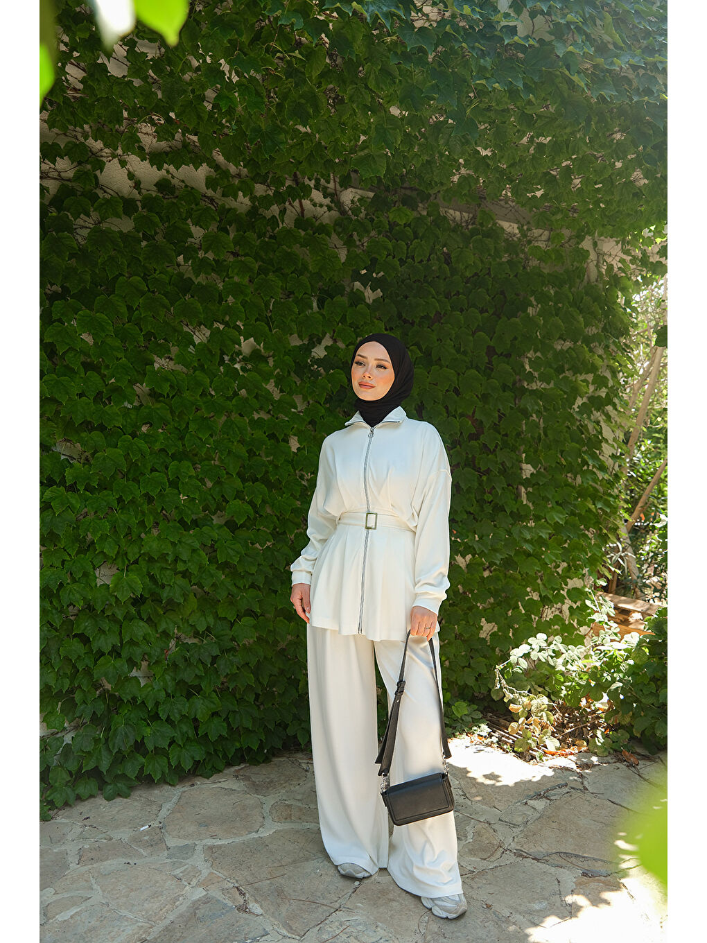 Kadın Beli Pile Detaylı Takım Beyaz-3