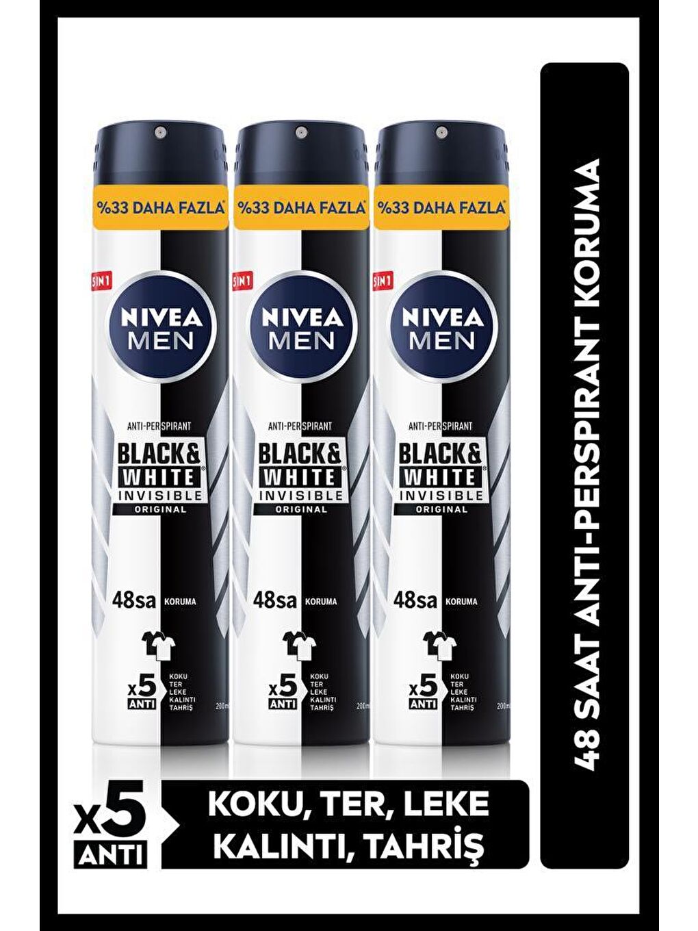 NIVEA Şeffaf MEN Erkek Sprey Deodorant  Black&White Invisible Original 48 Saat Anti-perspirant Koruma 200mlx3Adet