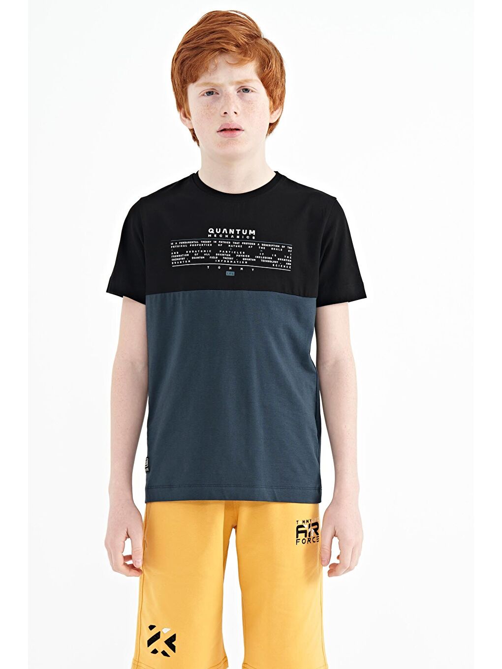 Orman Yeşili Yazı Baskılı Renk Bloklu Standart Kalıp O Yaka Erkek Çocuk Tişört - 11134