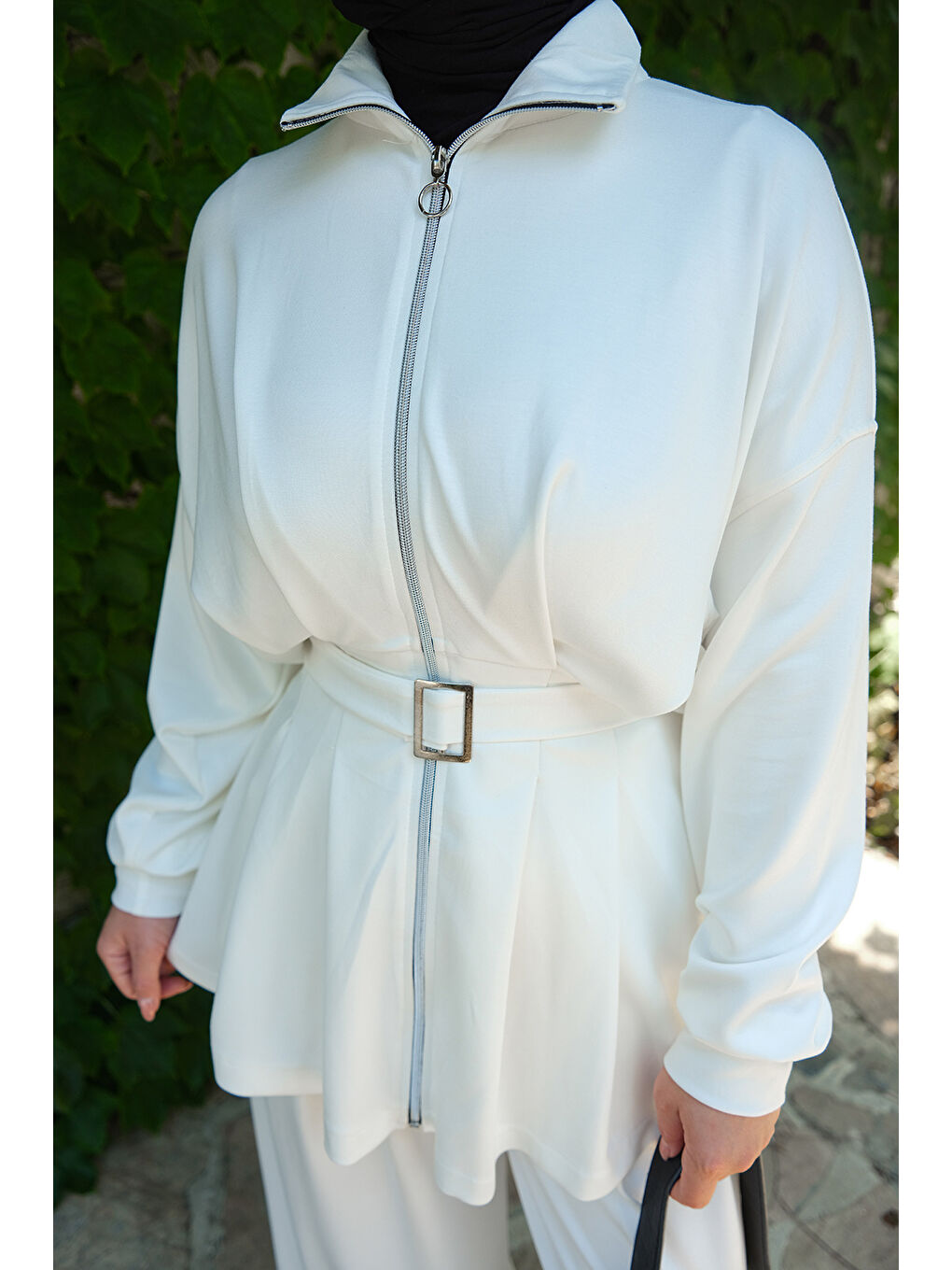 Kadın Beli Pile Detaylı Takım Beyaz-4