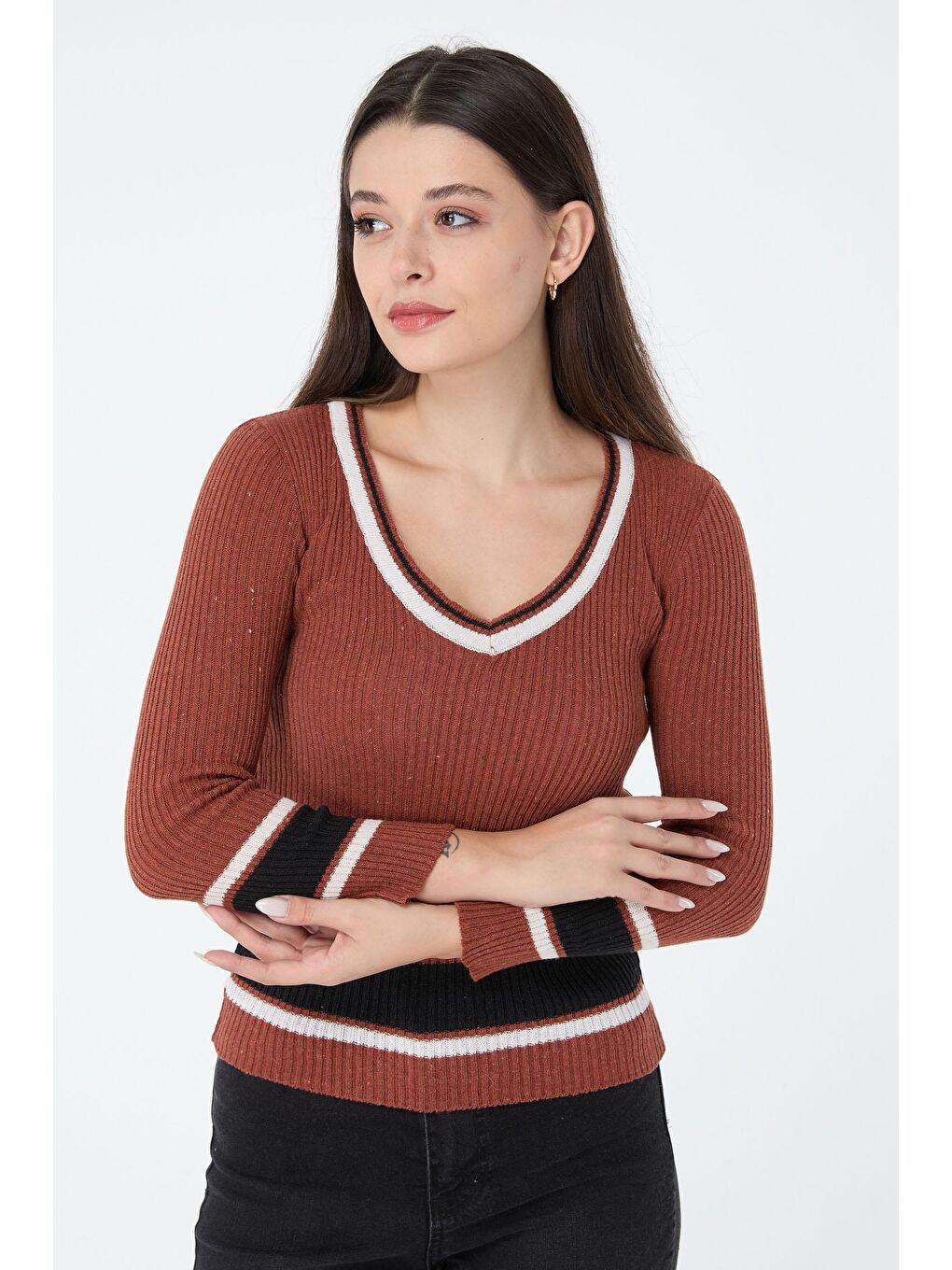 Kruvaze Yaka Kadın Kahverengi Triko Kazak - 23529