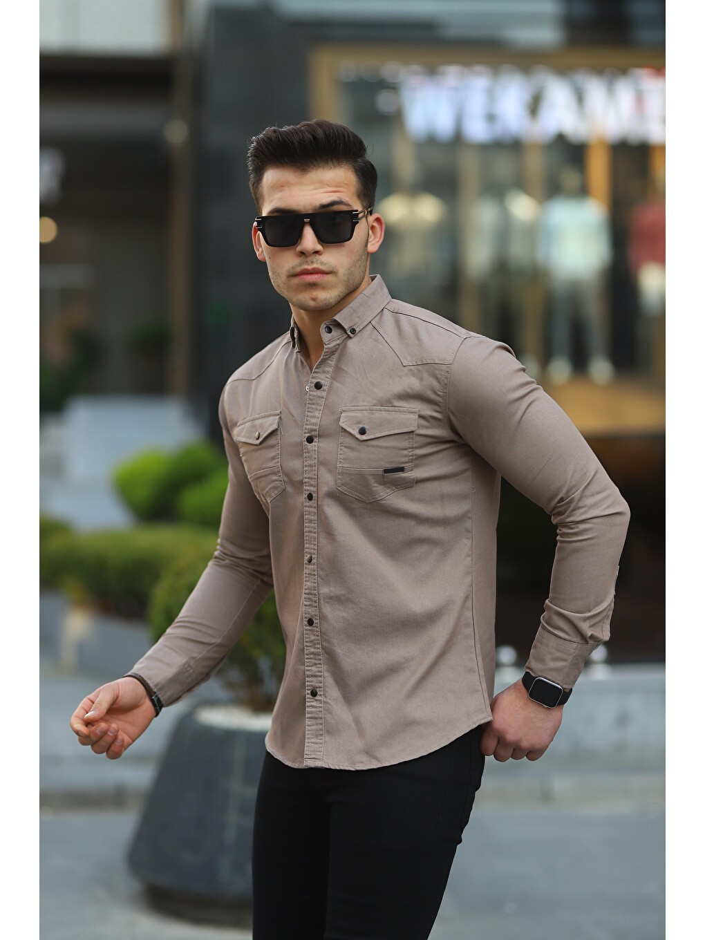 Kahverengi Erkek Slim Fit Çift Cepli Jean Gömlek-2