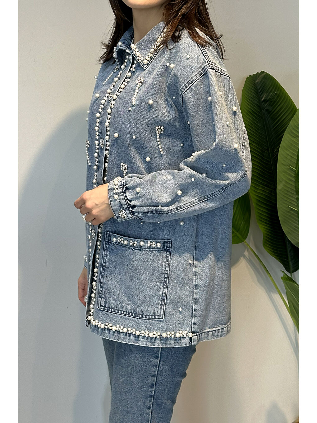 Mavi Taş ve İnci Detay Jean Ceket 7444 Denim-1