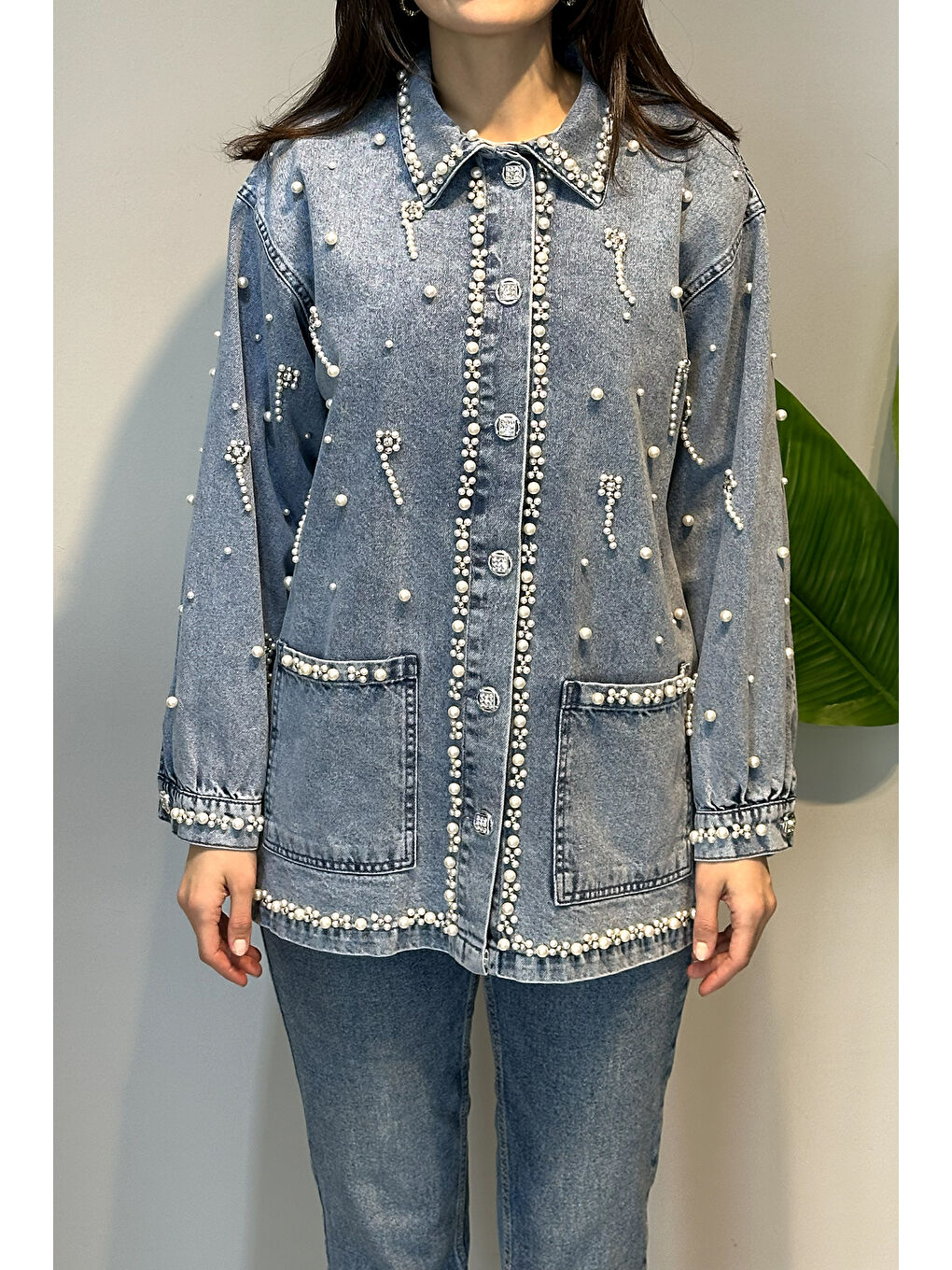 Mavi Taş ve İnci Detay Jean Ceket 7444 Denim-3