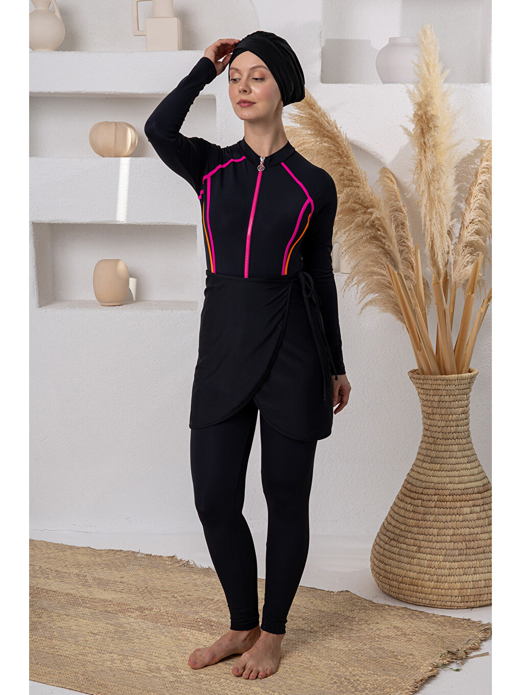 3 Farklı Şekilde Giyilebilir Elastanlı Etekli Tesettür Mayo 1113 Siyah-1