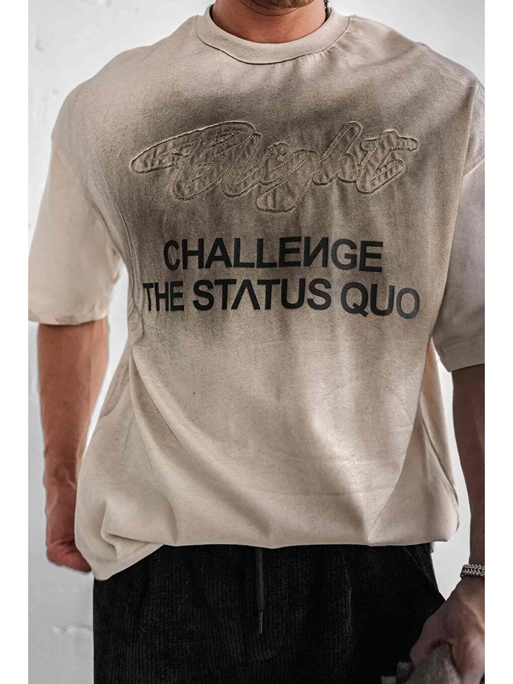 Gri Erkek Oversize Baskılı Yıkamalı T-Shirt Taş Rengi-1