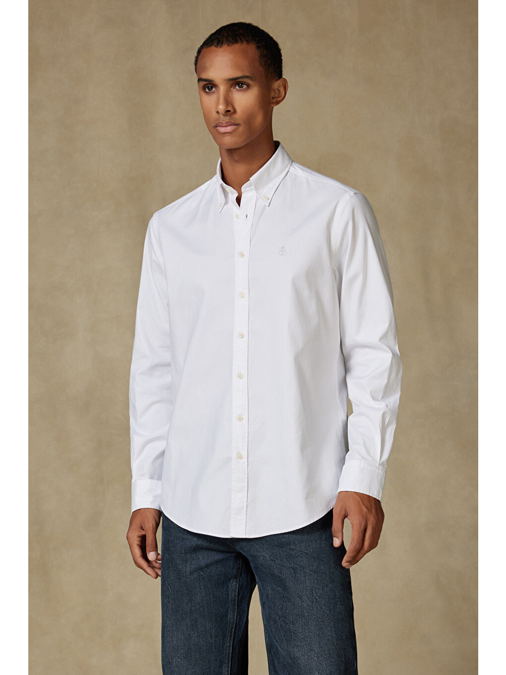 Luca Oxford Stretch Pamuk Karışımlı Comfort Fit Beyaz Düğmeli Yaka Erkek Düz Gömlek