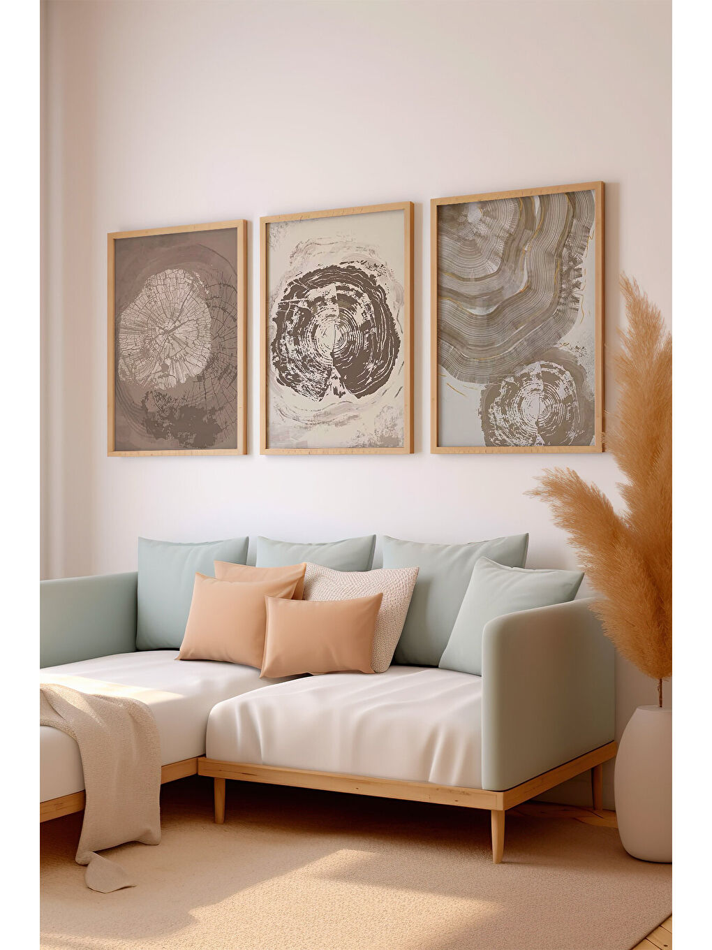 Beyaz 3 Parça Ham Renk Gerçek Ahşap Çerçeveli Tablo Seti - Model 9 - 50 x 70