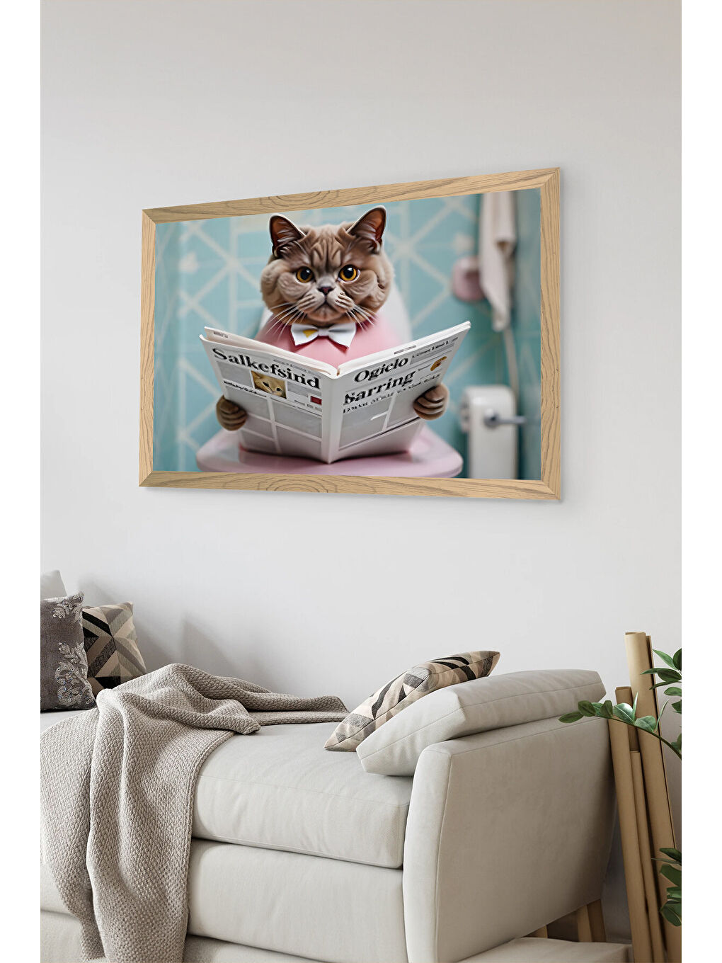 Beyaz Tek Parça Ahşap Çerçeve Görünümlü Kedi Baskılı MDF 48x33 cm Tablo - Model 3