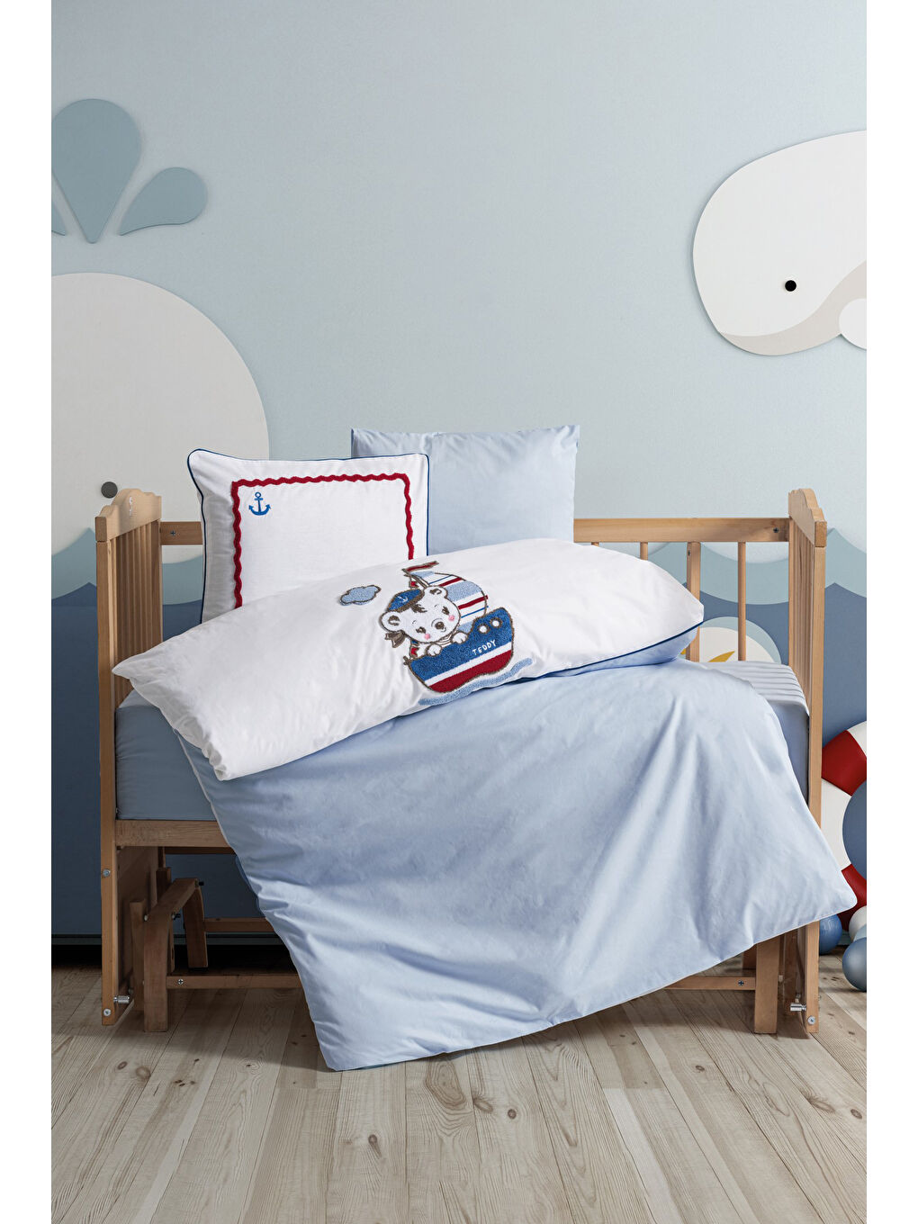 Karışık Pamuk Box Punch Nakışlı Bebek Nevresim Takimi Miniyo Mavi-1