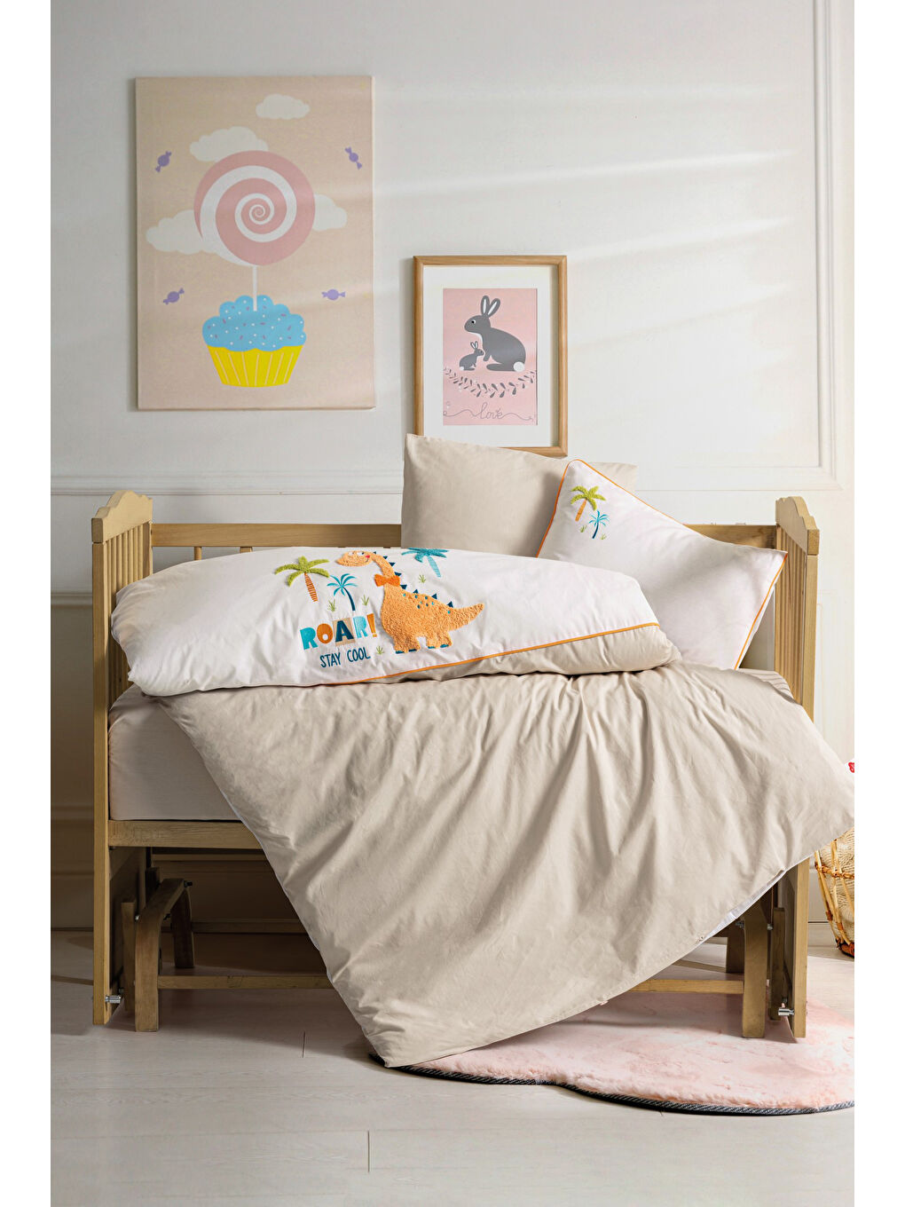 Karışık Pamuk Box Punch Nakışlı Bebek Nevresim Takimi Kiddo Krem-1