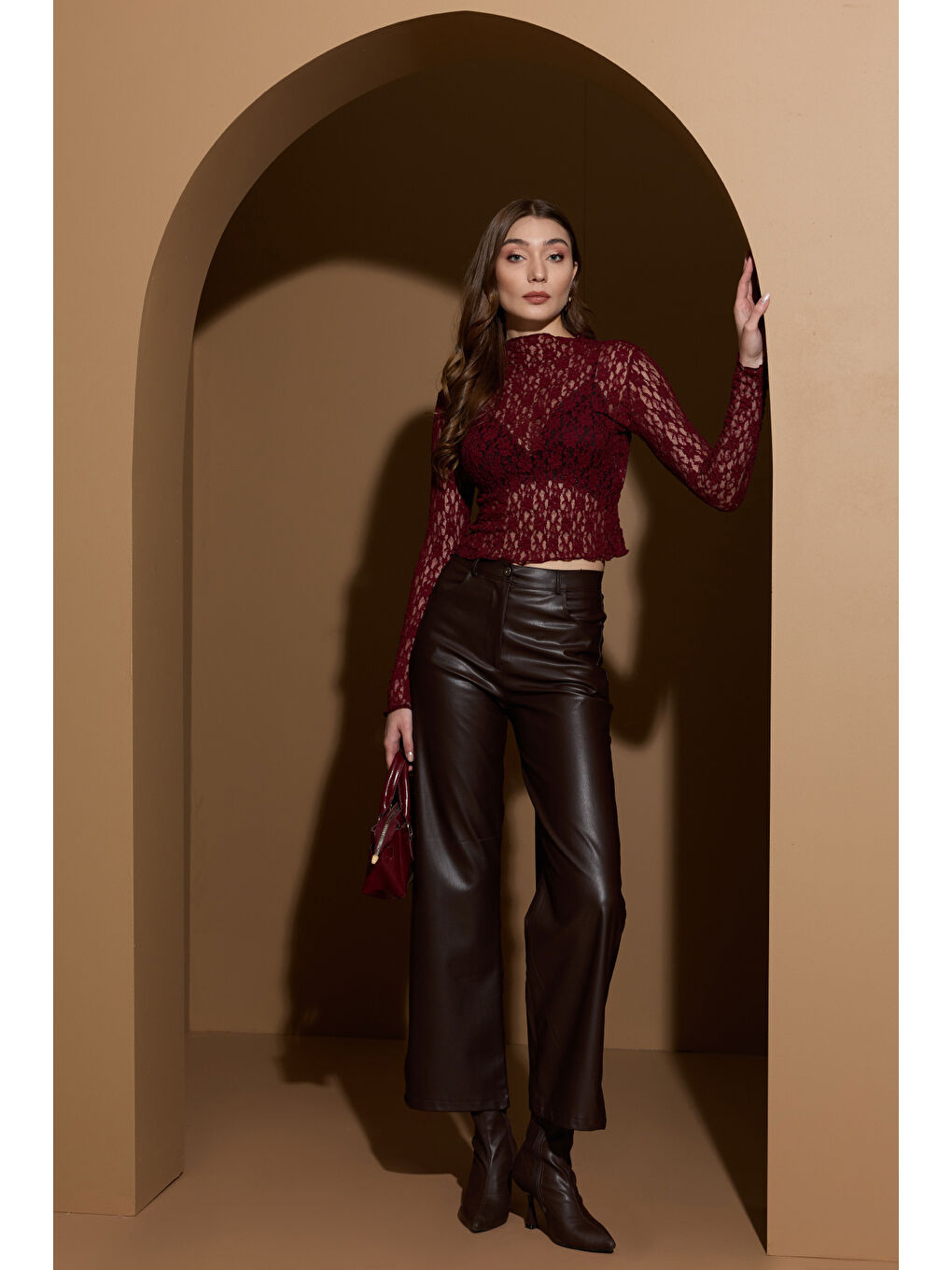 Bordo Dantelli Dik Yaka Transparan Bluz-1