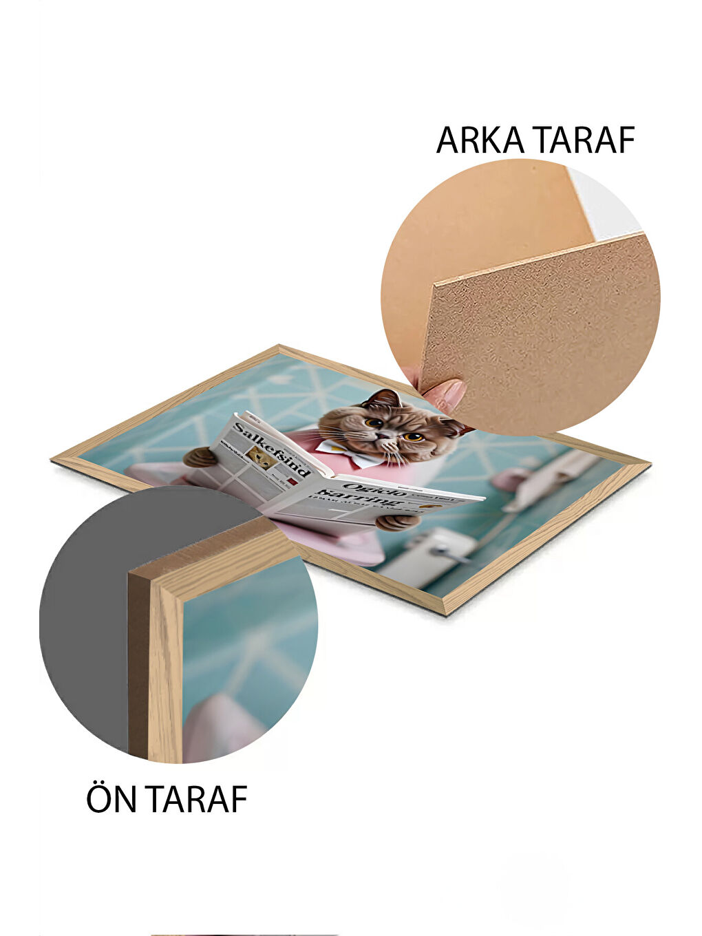 Beyaz Tek Parça Ahşap Çerçeve Görünümlü Kedi Baskılı MDF 48x33 cm Tablo - Model 3-1