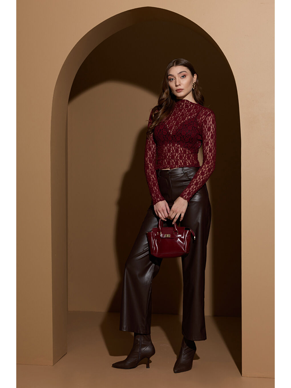 Bordo Dantelli Dik Yaka Transparan Bluz-2