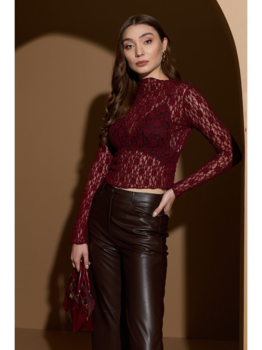 Bordo Dantelli Dik Yaka Transparan Bluz-3