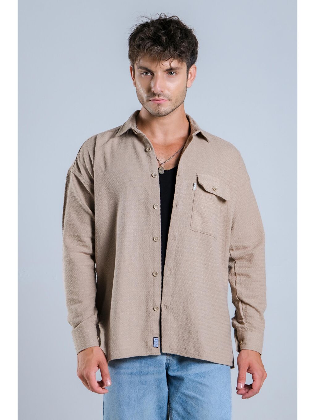Bej Oversize Tek Cepli Örme Gömlek MAR Over22