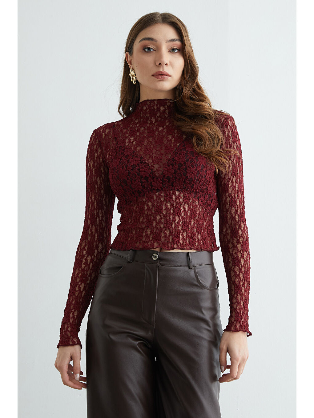 Bordo Dantelli Dik Yaka Transparan Bluz-4