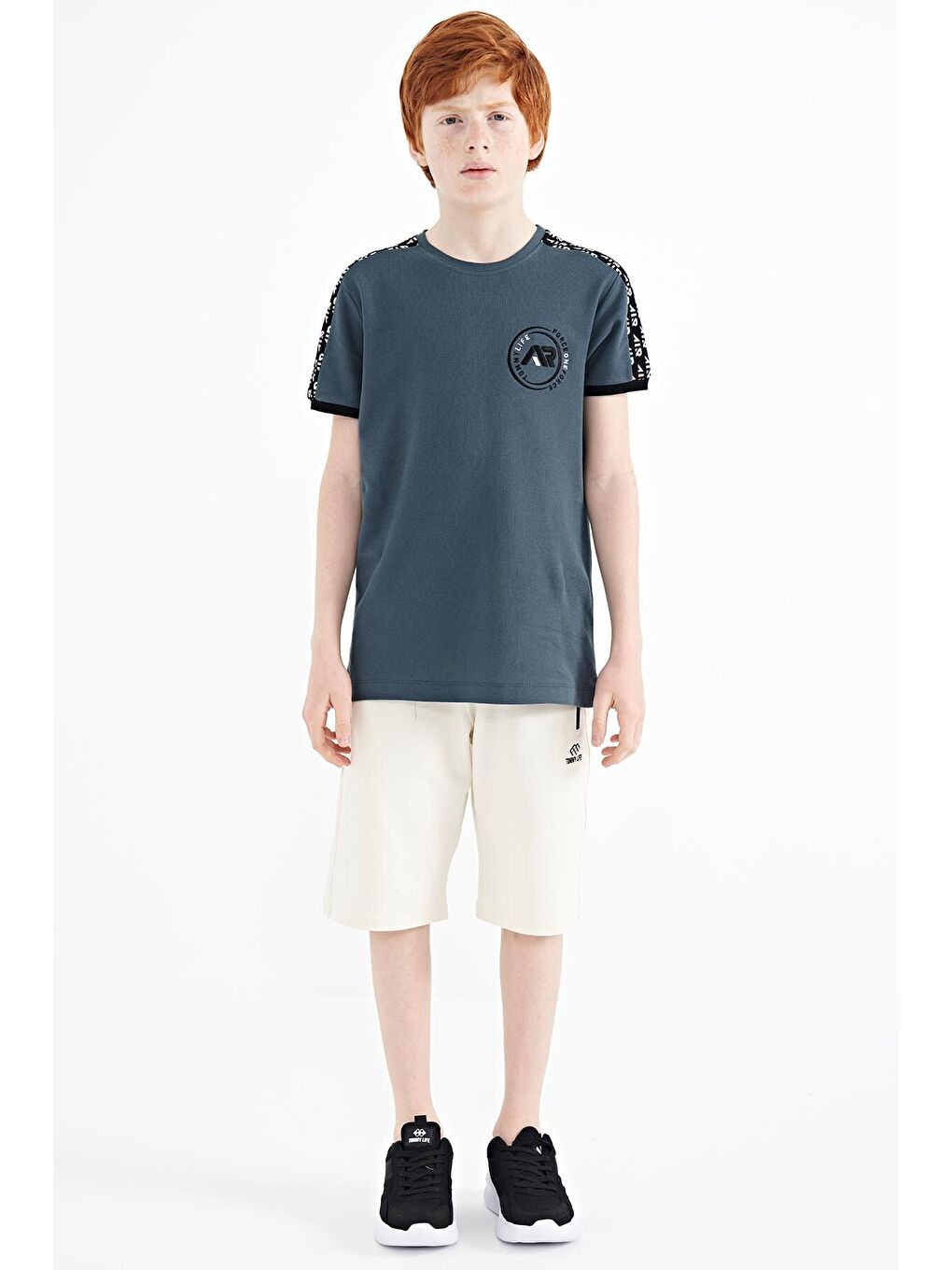 Orman Yeşili Omuz Baskı Detaylı Standart Kalıp O Yaka Erkek Çocuk Tişört - 11121