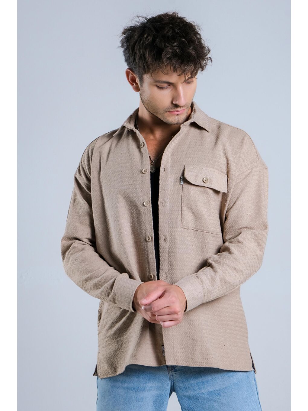 Bej Oversize Tek Cepli Örme Gömlek MAR Over22-1