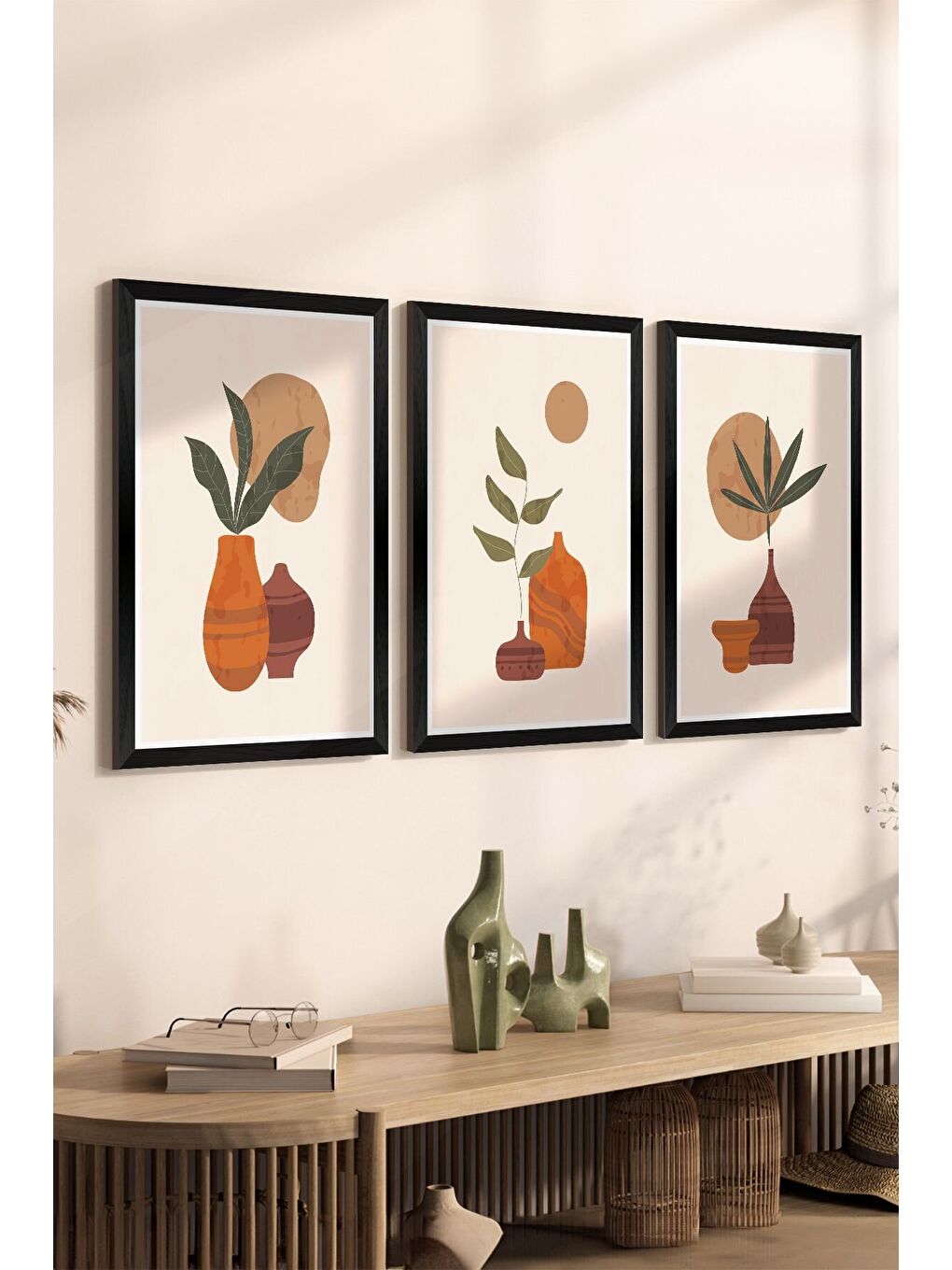 Beyaz 3 Parça Siyah Çerçeve Görünümlü Mdf Tablo Seti - Set 29 - 3SYHART29-2030