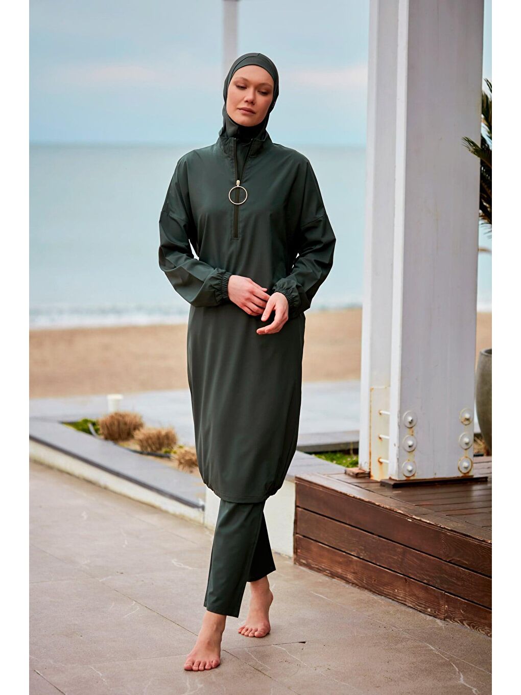 Paraşüt Kumaş Haki Tam Kapalı Tesettür Mayo M2406