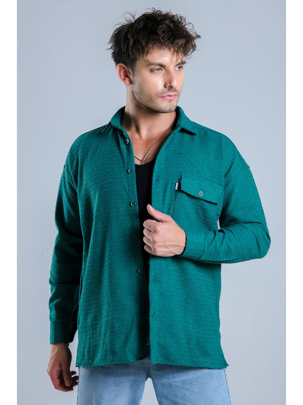 Yeşil Oversize Tek Cepli Örme Gömlek MAR Over22-1