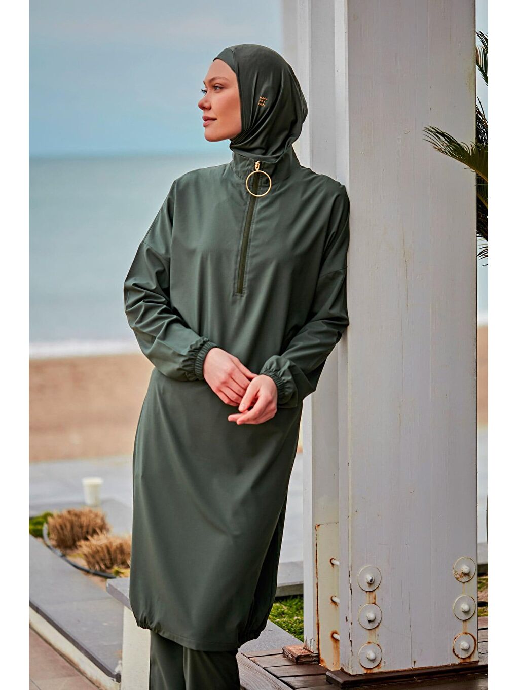 Paraşüt Kumaş Haki Tam Kapalı Tesettür Mayo M2406-1