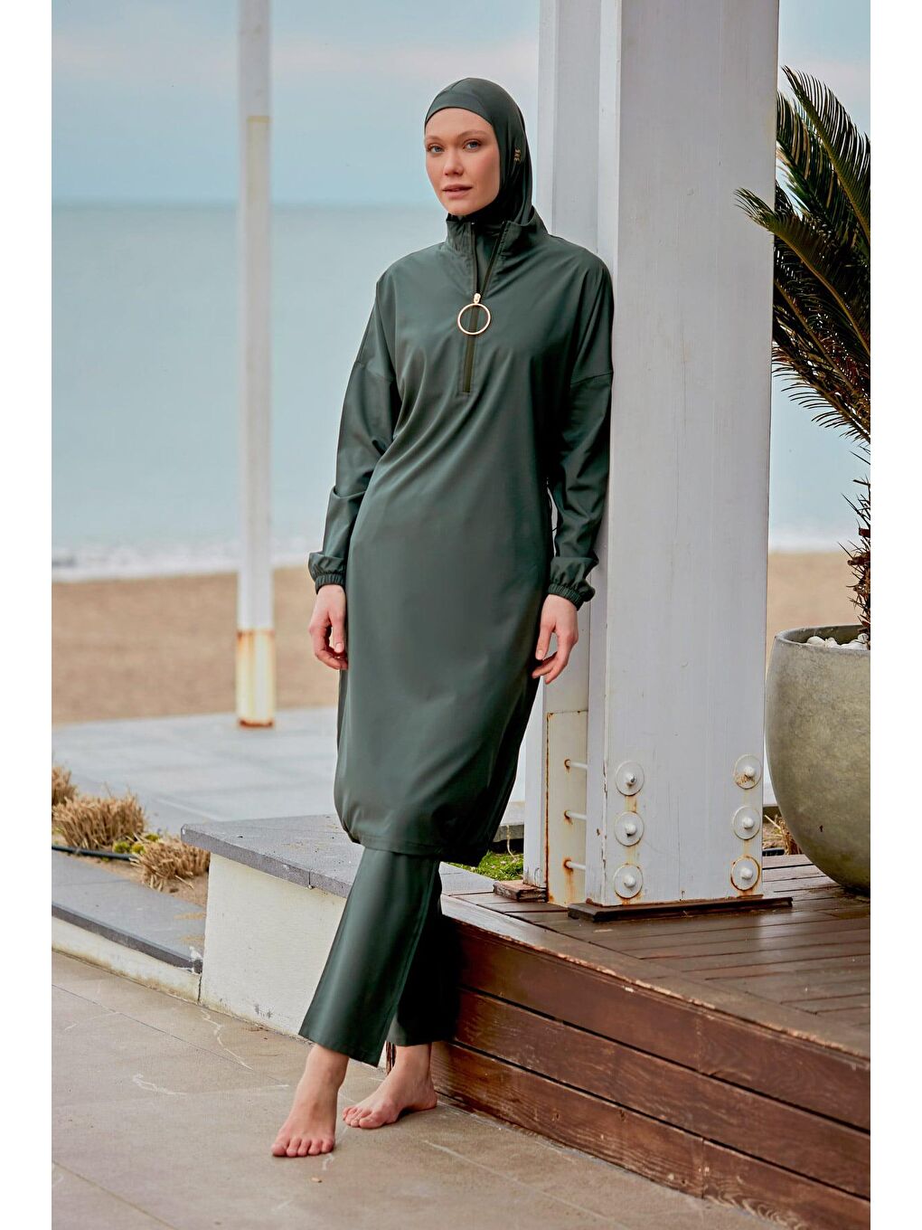 Paraşüt Kumaş Haki Tam Kapalı Tesettür Mayo M2406-2