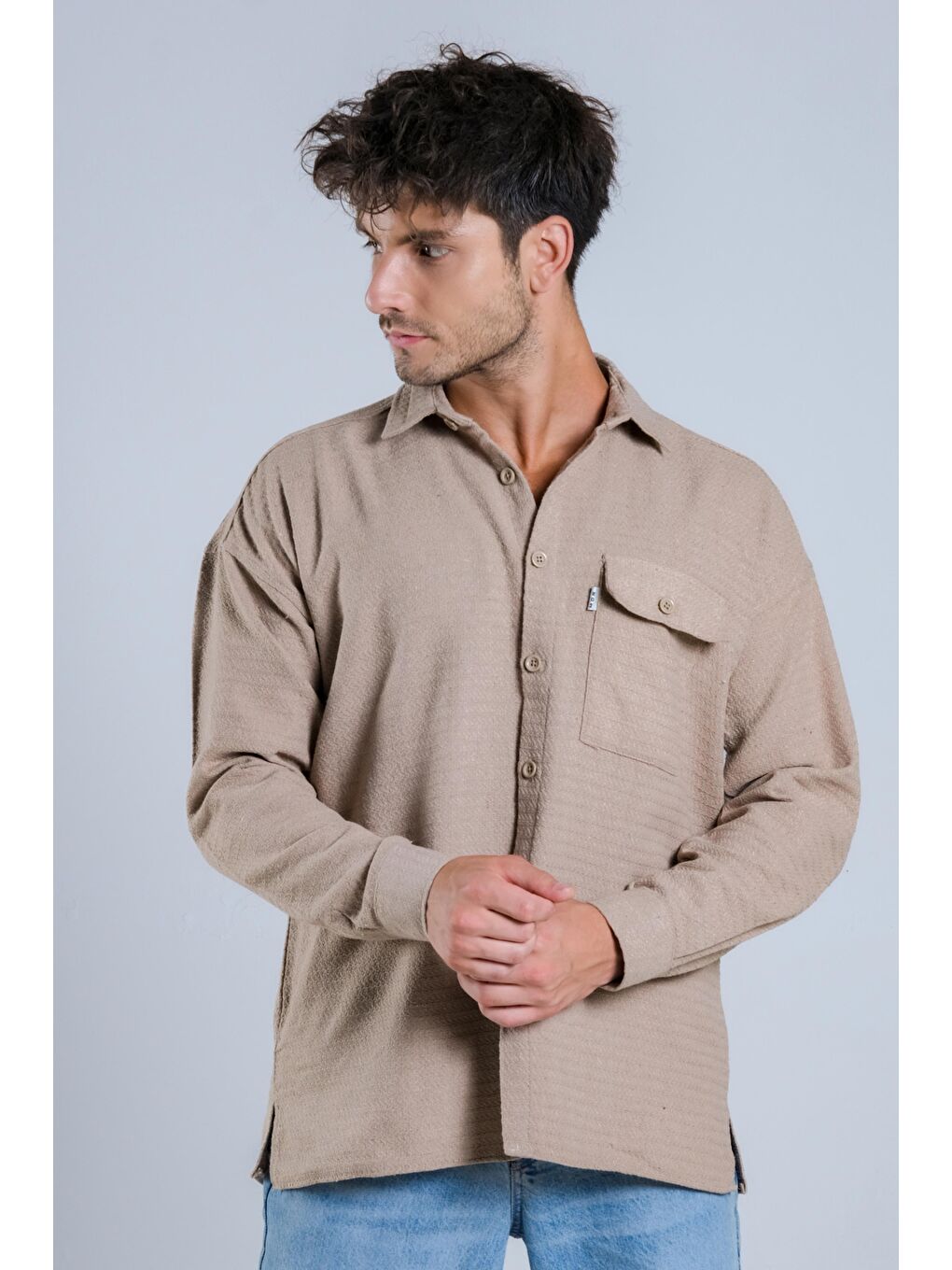 Bej Oversize Tek Cepli Örme Gömlek MAR Over22-2