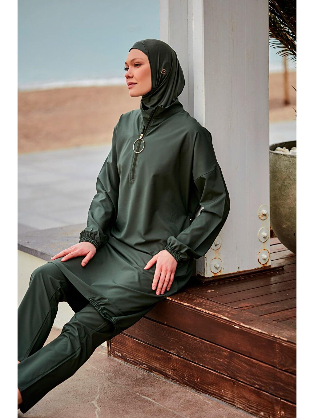 Paraşüt Kumaş Haki Tam Kapalı Tesettür Mayo M2406-3