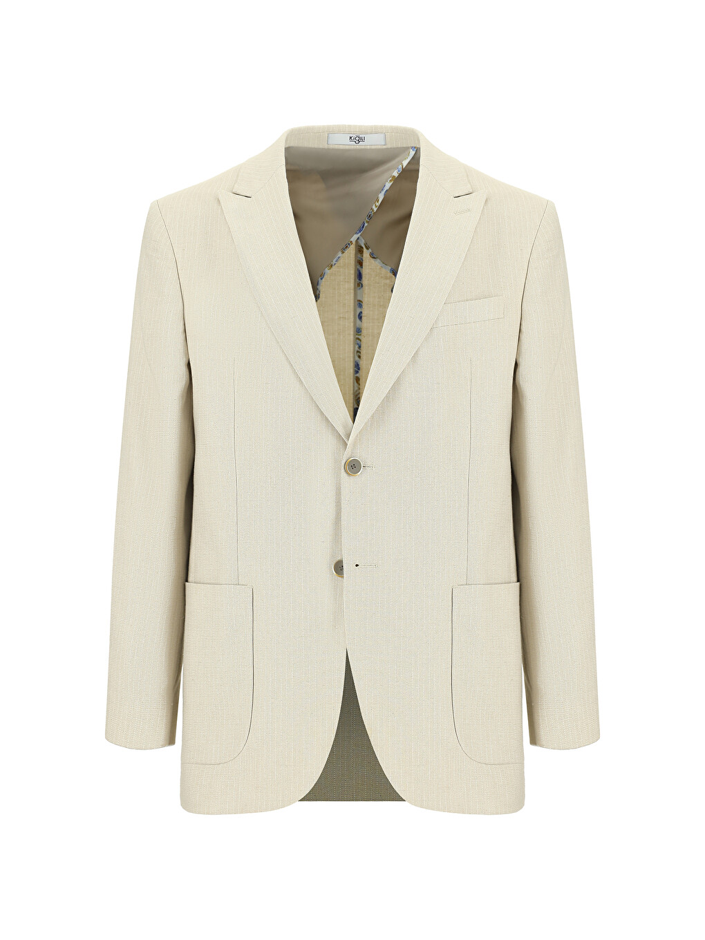 Bej Rahat Kesim Çizgili Pamuklu Keten Karışımlı Blazer Ceket