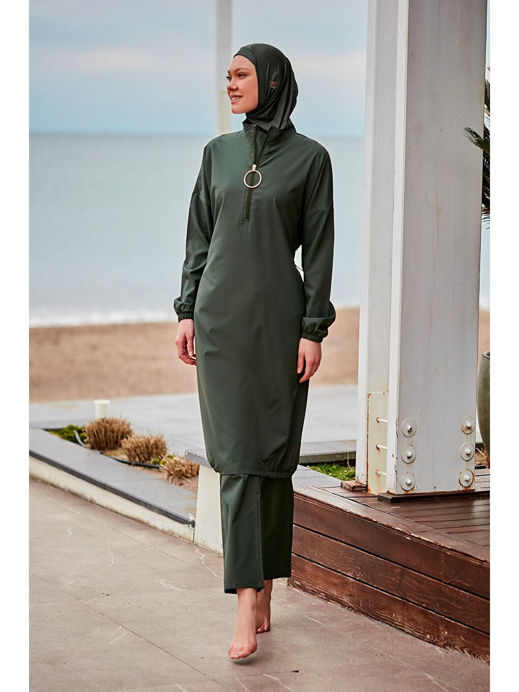 Paraşüt Kumaş Haki Tam Kapalı Tesettür Mayo M2406-4