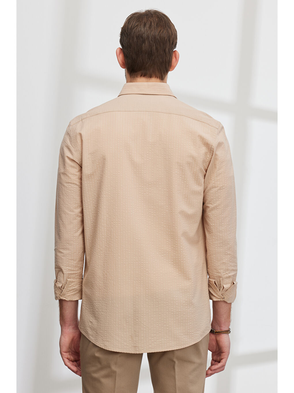 Erkek Bej Slim Fit Dar Kesim Düğmeli Yaka %100 Pamuk Gömlek-4