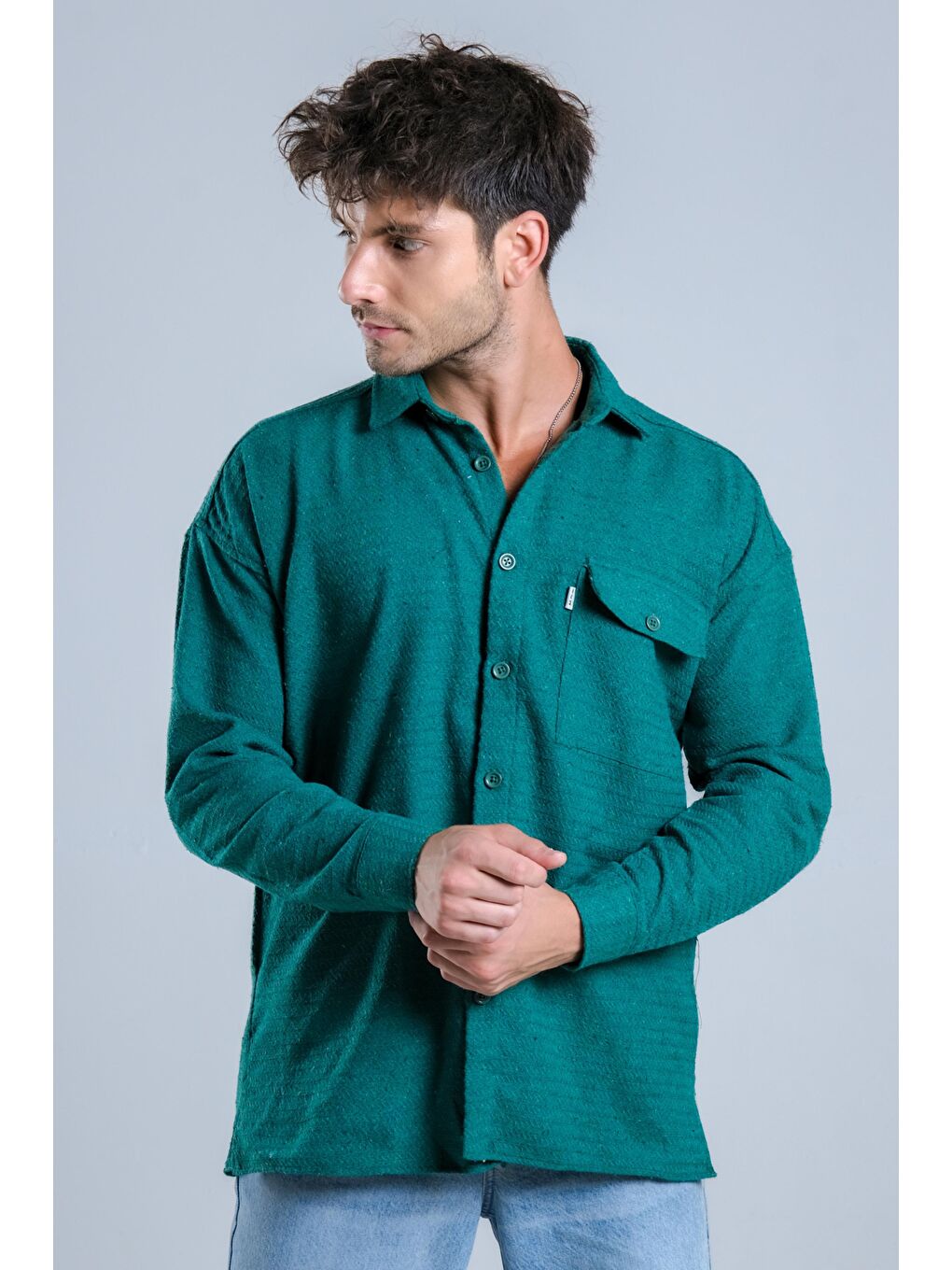 Yeşil Oversize Tek Cepli Örme Gömlek MAR Over22-2