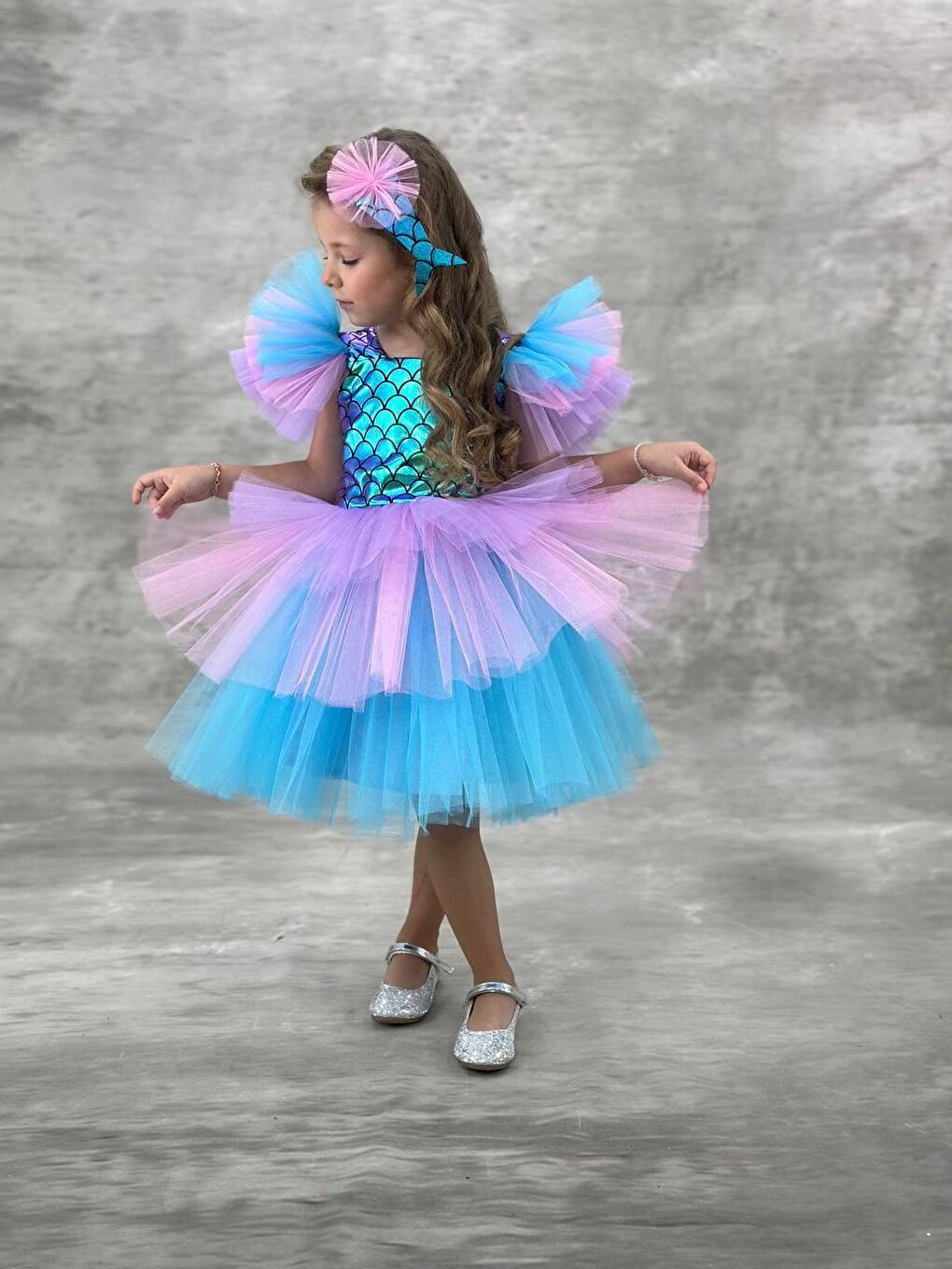 Karışık Kız Çocuk Renkli Tüllü Denizkızı Temalı Abiye Elbise-1