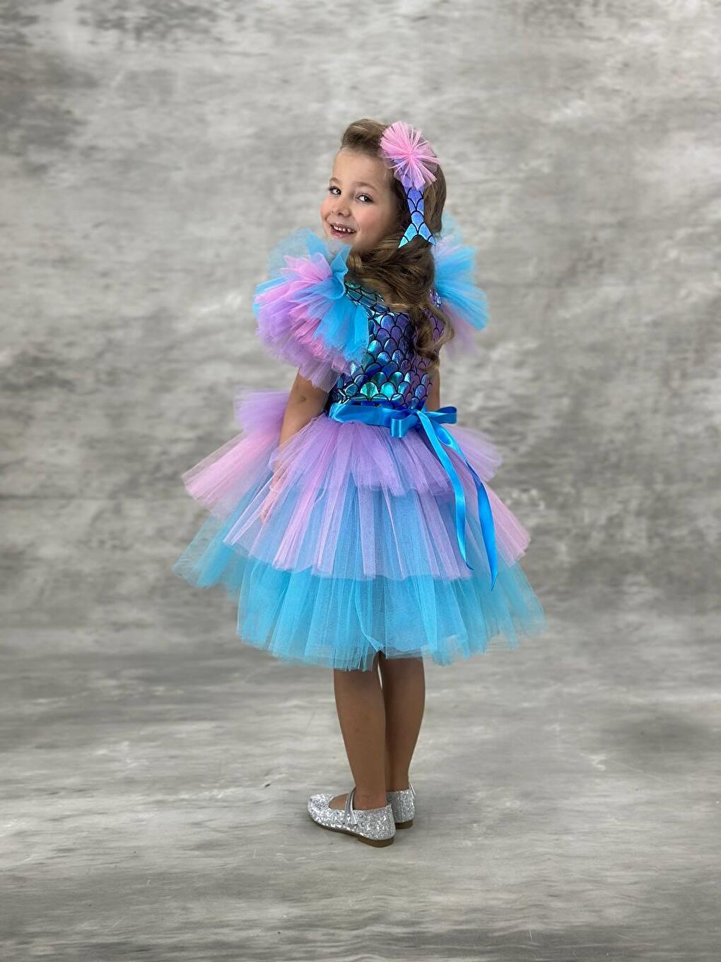 Karışık Kız Çocuk Renkli Tüllü Denizkızı Temalı Abiye Elbise-2