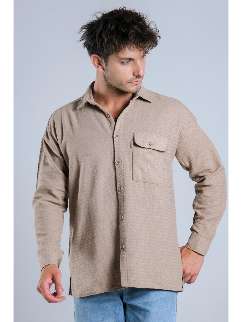 Bej Oversize Tek Cepli Örme Gömlek MAR Over22-3