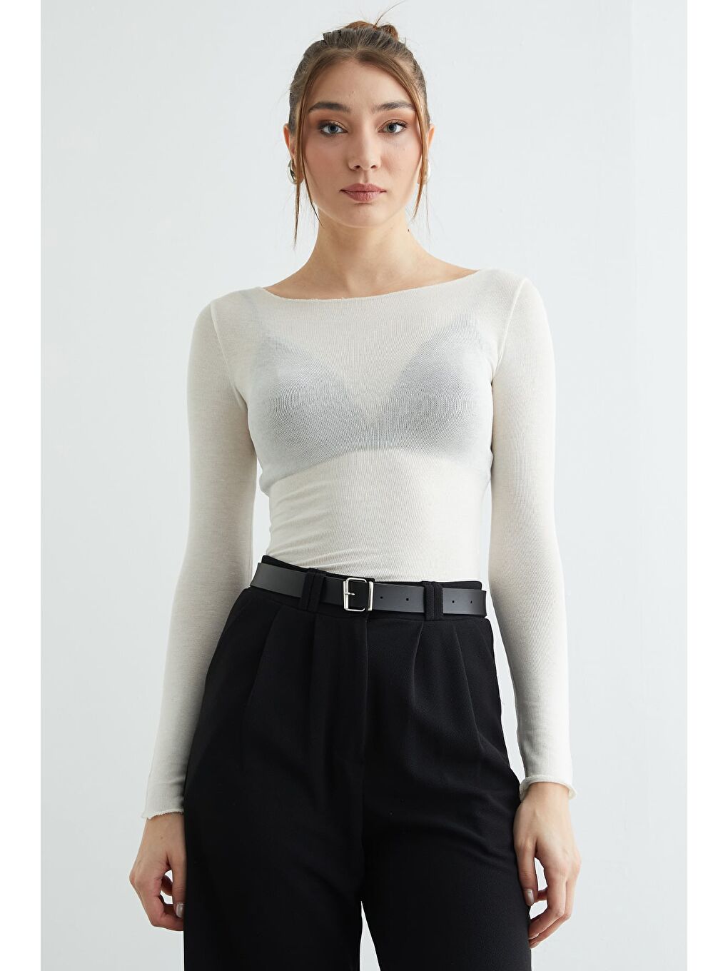 Ekru Kayık Yaka Transparan Bluz-1