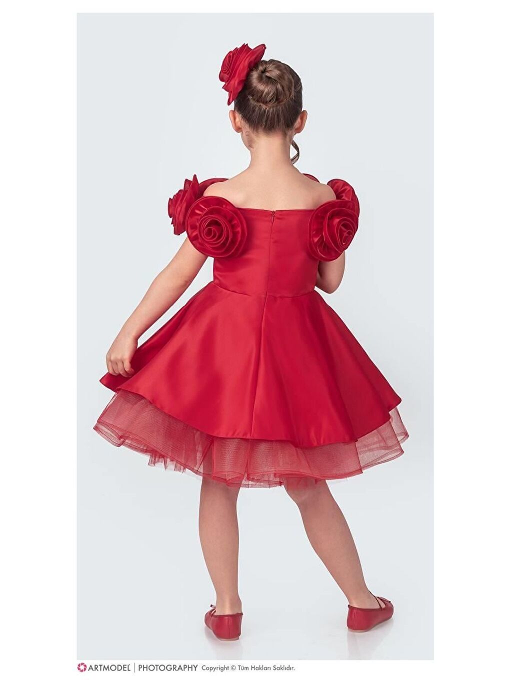 Kız Çocuk Kırmızı Gül Kollu Abiye Elbise-1