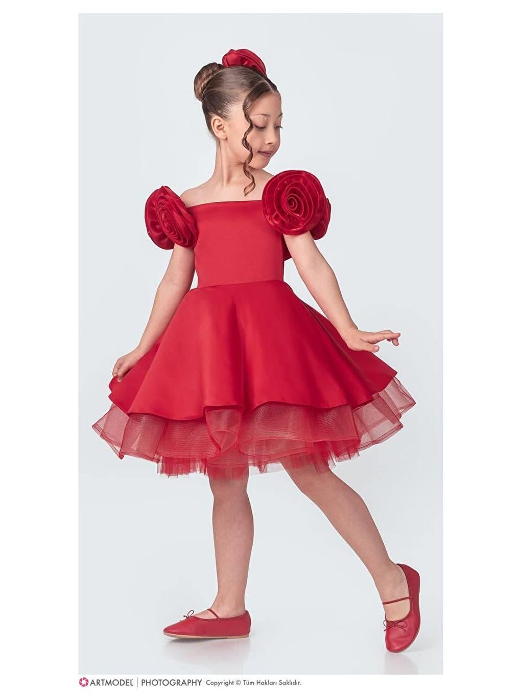 Kız Çocuk Kırmızı Gül Kollu Abiye Elbise-2
