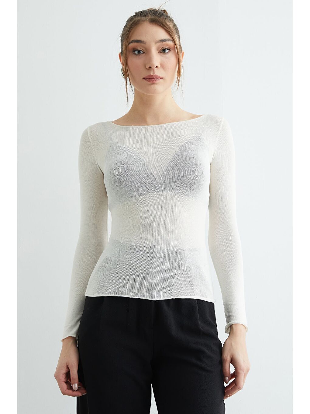 Ekru Kayık Yaka Transparan Bluz-3